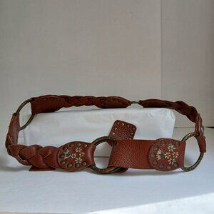 Vintage Brown  Studded Leather Embroidered Floral Beaded  Brass Ring Belt